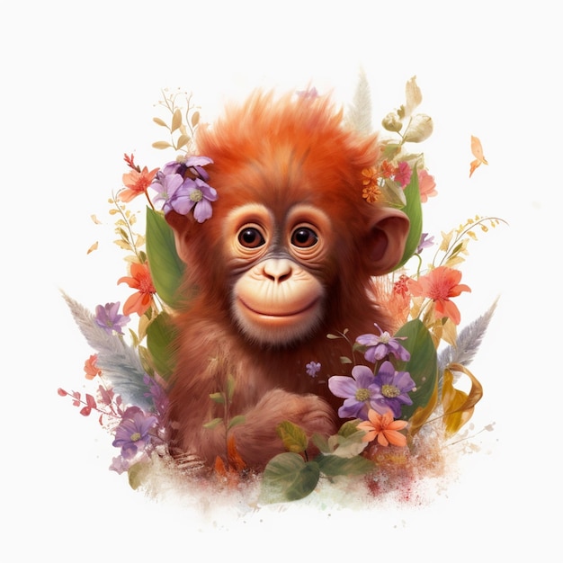 A painting of a baby orangutan with flowers and leaves.