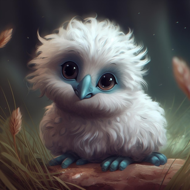 A painting of a baby owl with blue eyes and a blue beak.