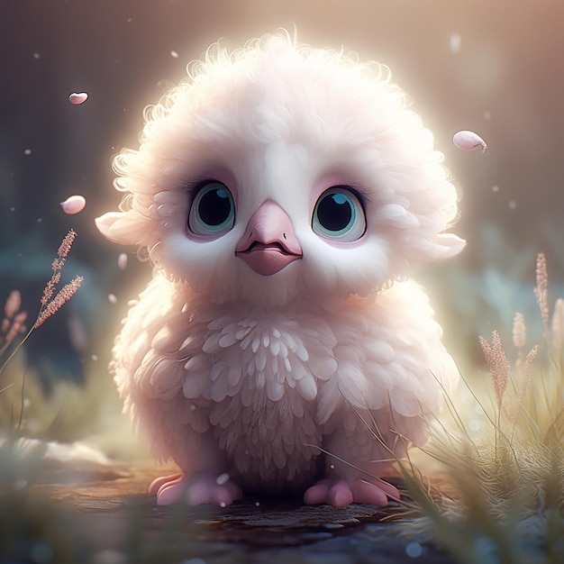 A painting of a baby owl with a pink and blue eyes