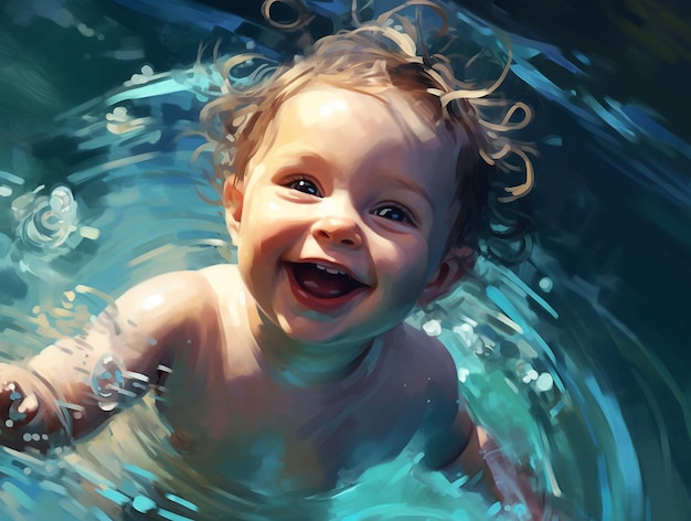 A painting of a baby smiling in the water.