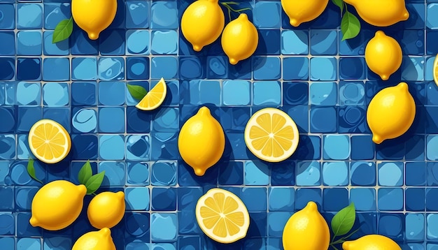 Photo painting background with vivid yellow lemons on a glossy blue tiles