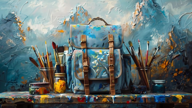 a painting of a backpack with a blue and white cloth on it