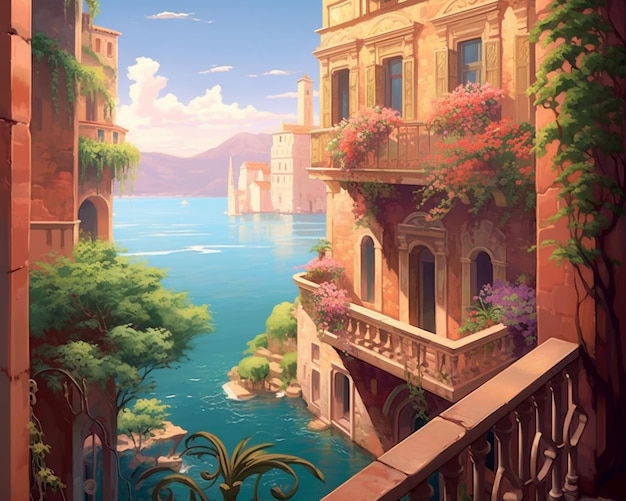 Painting of a balcony with a view of a lake and buildings generative ai