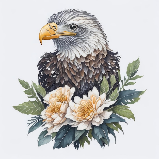 A painting of a bald eagle with flowers