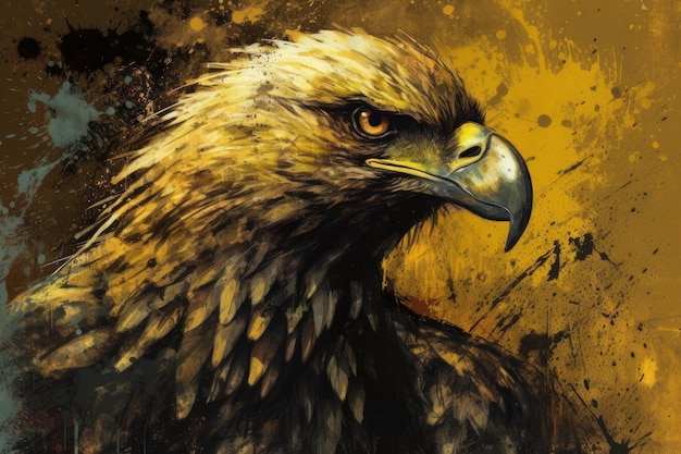 A painting of a bald eagle with a yellow background and the word eagle on it.