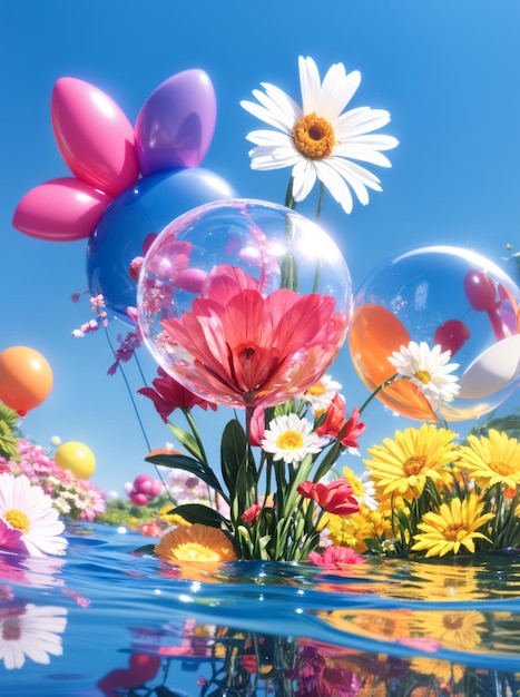 a painting of balloons and flowers with the words flowers in the bottom