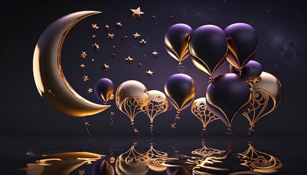 A painting of balloons and moon with a purple background