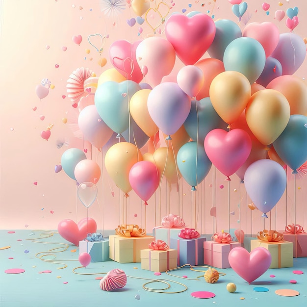 a painting of balloons with hearts and hearts on the wall