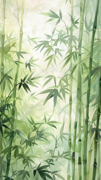 a painting of bamboo with a green background