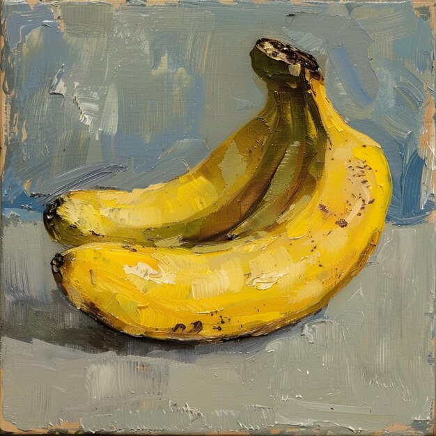 a painting of a banana with brown spots and a green background