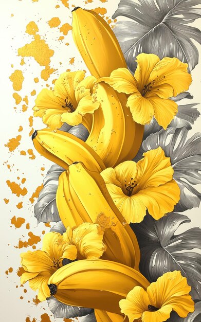 Photo a painting of bananas and flowers with the words banana on it