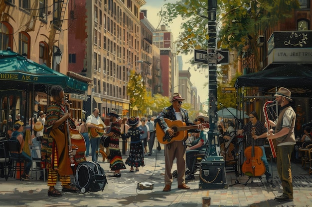 Photo a painting of a band playing on a city street