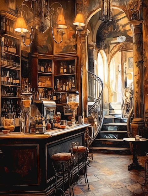 A painting of a bar with a bar in the background.