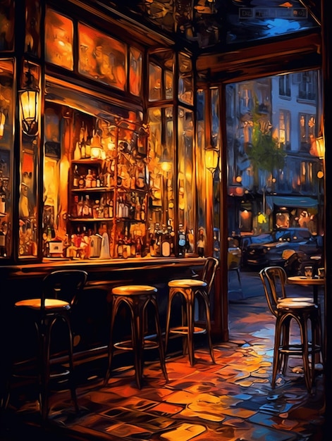 A painting of a bar with a bar in the background.