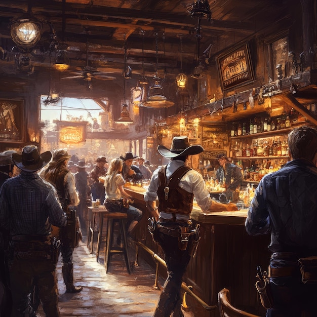 Photo a painting of a bar with a man wearing a cowboy hat and a cowboy hat