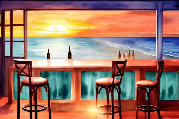 A Painting Of A Bar With A View Of The Ocean