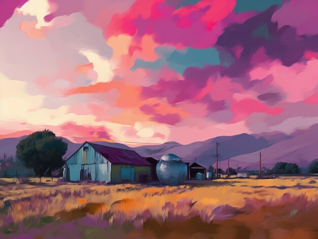 A painting of a barn and a barn with a pink sky.