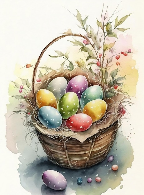 A painting of a basket of easter eggs