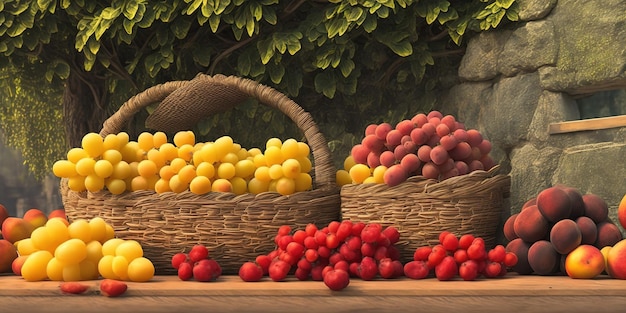 A painting of baskets of fruit and a basket of potatoes.