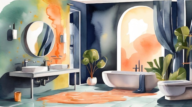 a painting of a bathroom with a tub and a plant in it