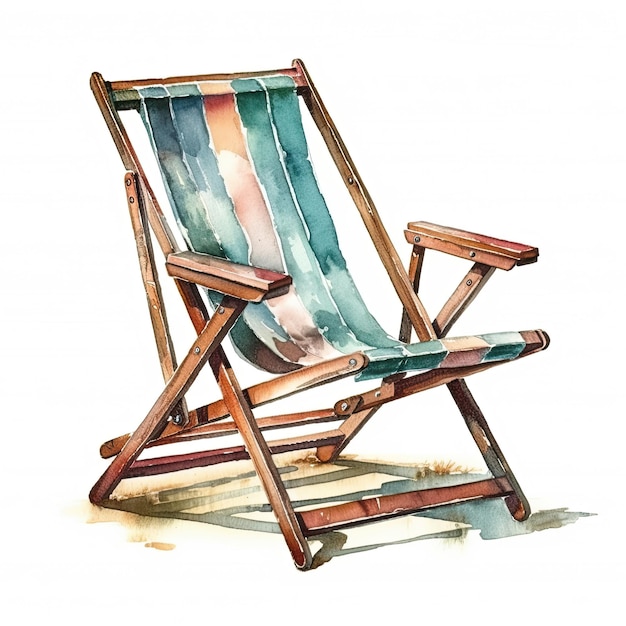 A painting of a beach chair with a wooden frame.