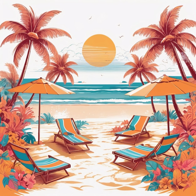 a painting of beach chairs and palm trees with a sun setting behind them The scene is peaceful