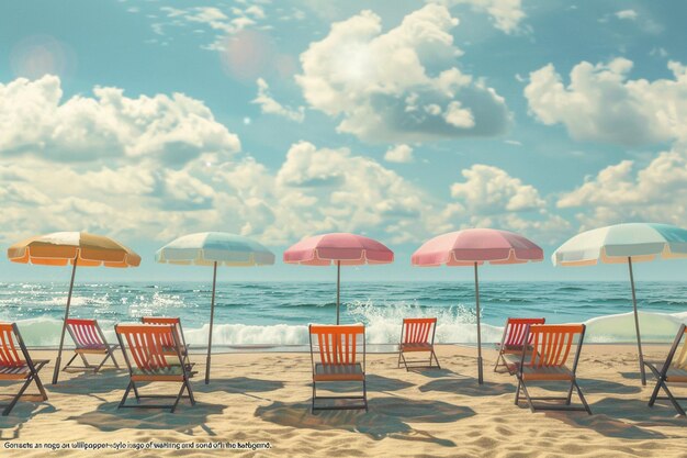 a painting of beach chairs and umbrellas with the ocean in the background