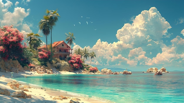 a painting of a beach house on a sunny day