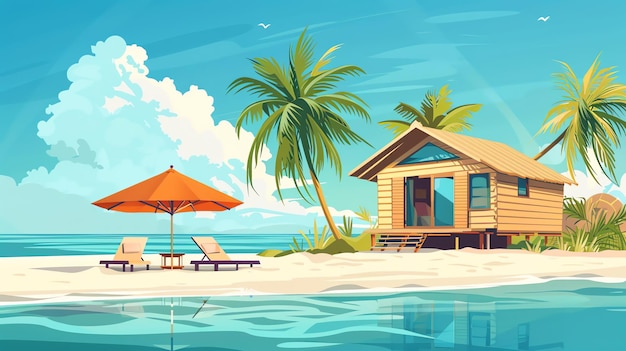 Photo a painting of a beach house with a palm tree and a beach umbrella