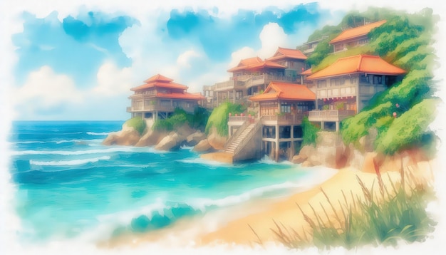 a painting of a beach house with a red roof