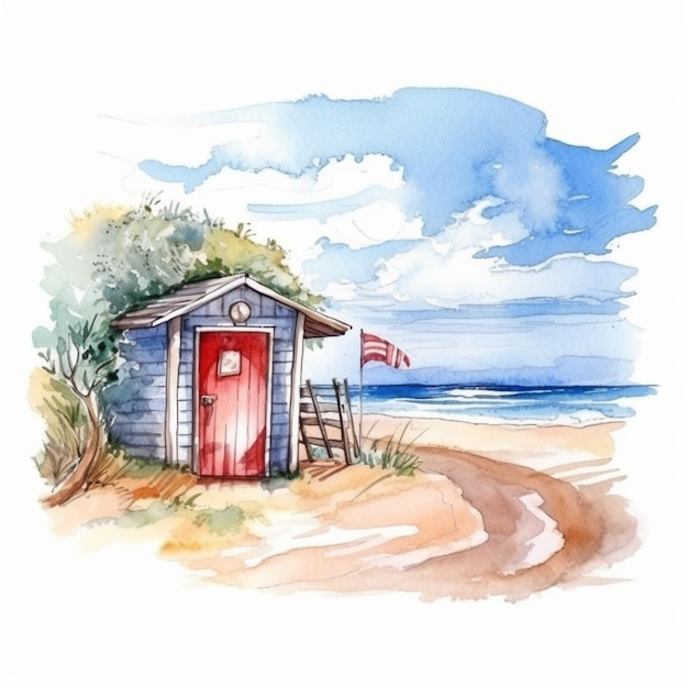 Painting of a beach hut with a flag on the beach generative ai