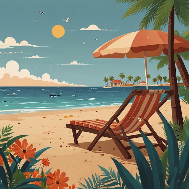 a painting of a beach scene with a beach chair and palm trees whimsical illustration