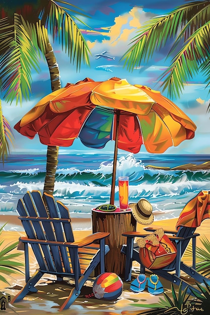 a painting of a beach scene with a chair and umbrella