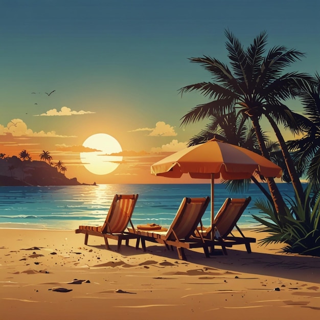 a painting of a beach scene with chairs and palm trees vector graphics summer vacation