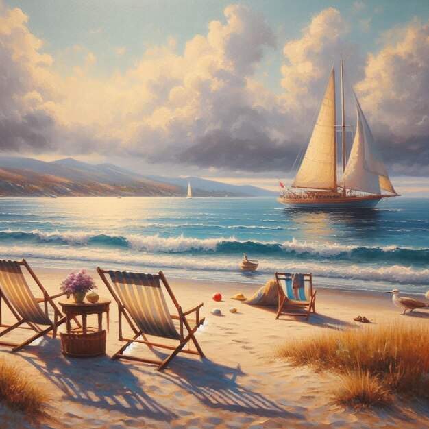 A painting of a beach scene with chairs and a sailboat in the background