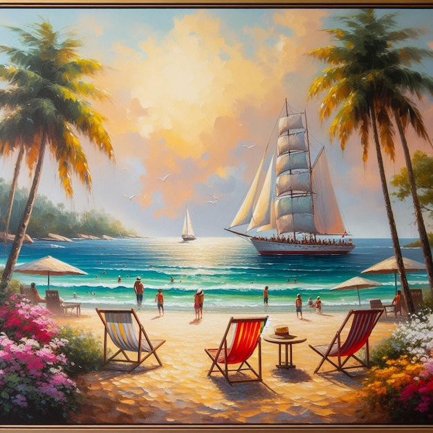 A painting of a beach scene with chairs and a sailboat in the background