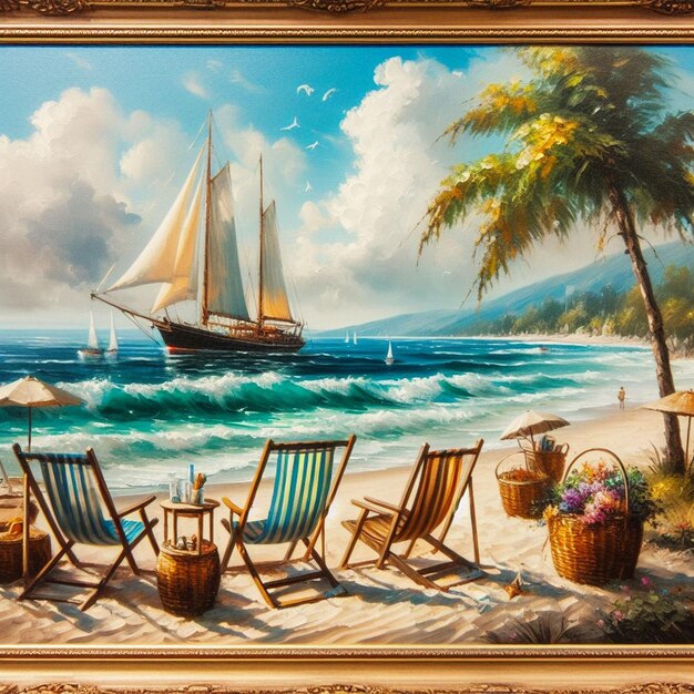 A painting of a beach scene with chairs and a sailboat in the background