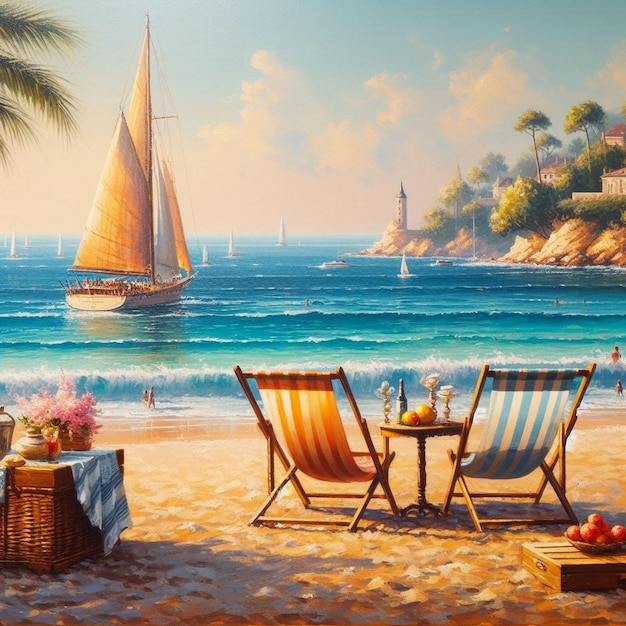 A painting of a beach scene with chairs and a sailboat in the background