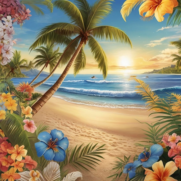 a painting of a beach scene with flowers and the ocean in the background