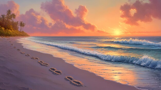 a painting of a beach scene with footprints in the sand and the sunset in the background