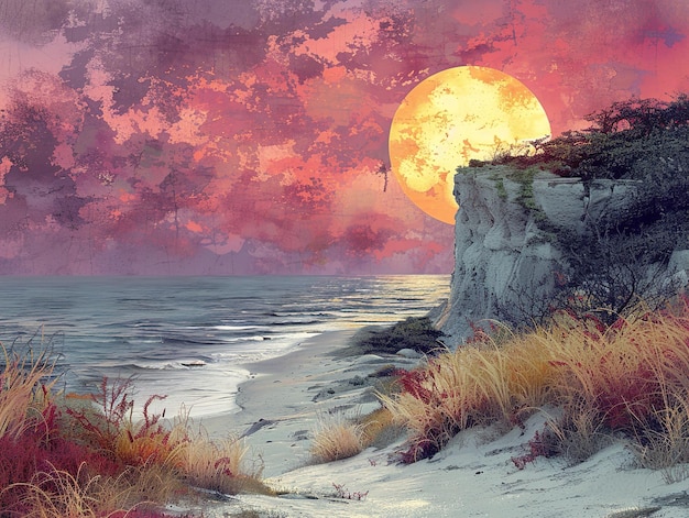 a painting of a beach scene with a full moon and the ocean