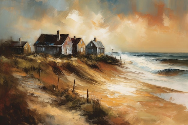 A painting of a beach scene with a house on the shore.