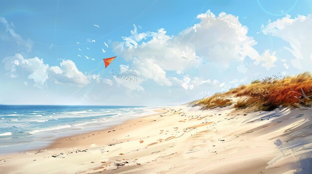 a painting of a beach scene with a kite flying in the sky