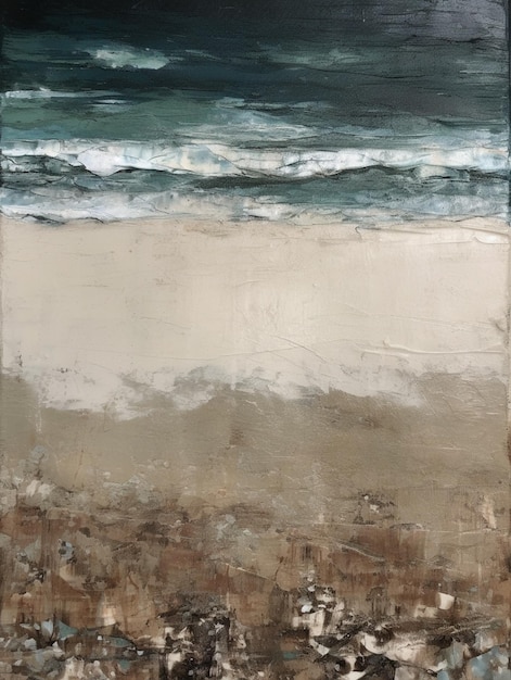 Painting of a beach scene with a lone surfboard on the shore generative ai