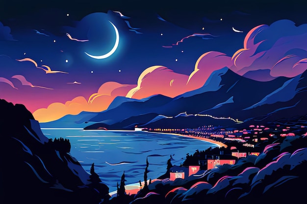 a painting of a beach scene with a moon and mountains in the background