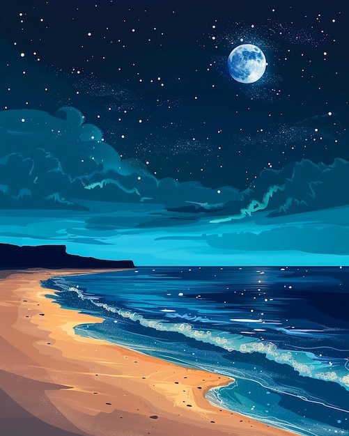 Photo a painting of a beach scene with the moon and the ocean in the background