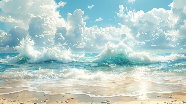 Photo a painting of a beach scene with the ocean and clouds in the sky