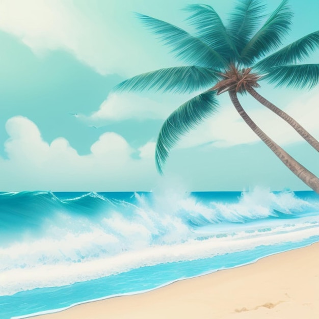 a painting of a beach scene with a palm tree and the ocean in the background