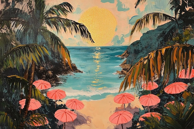 a painting of a beach scene with a palm tree and the sun in the background