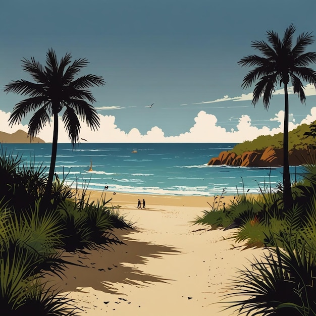 a painting of a beach scene with palm trees and a beach scene vector graphics